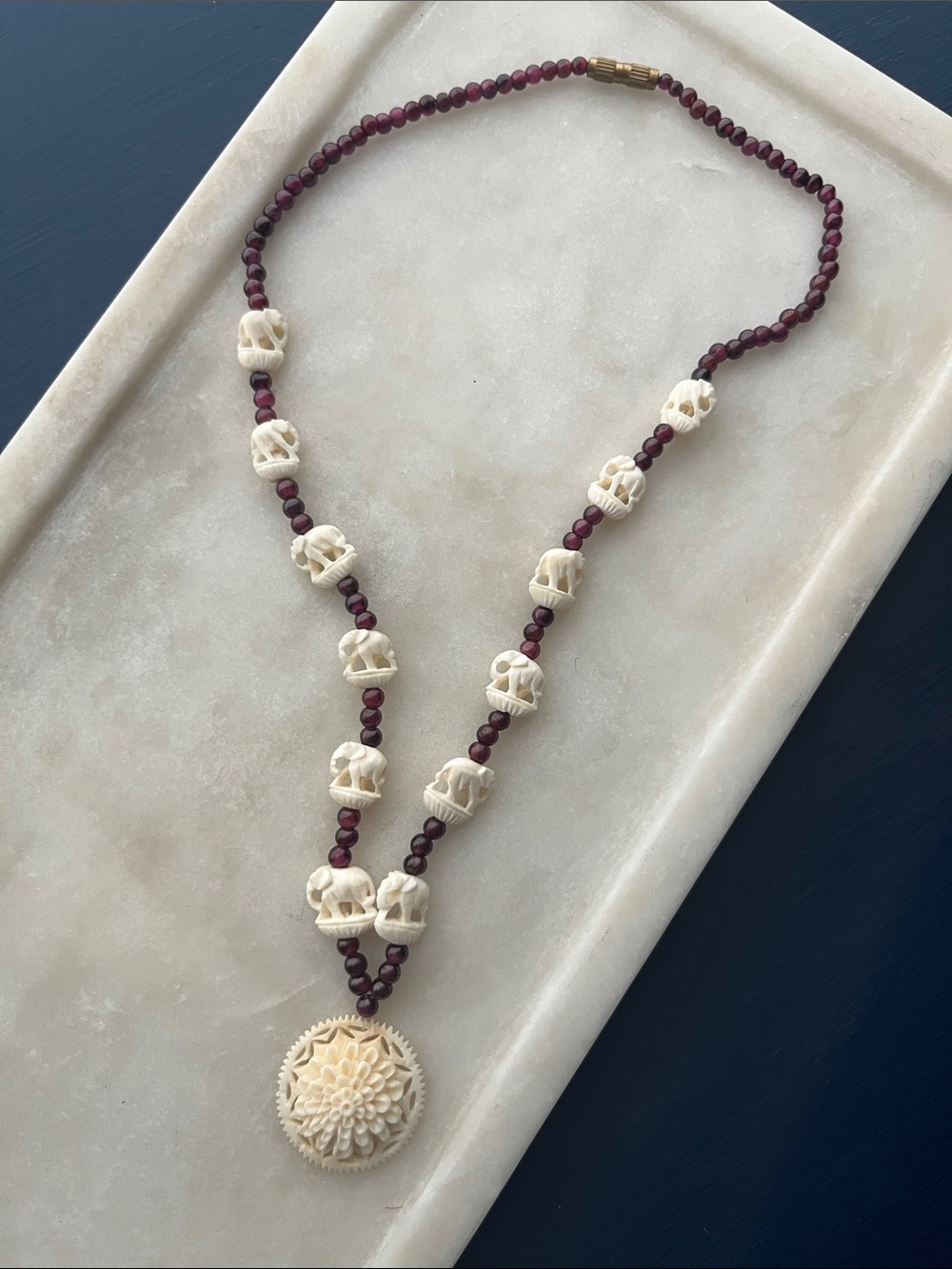 Vintage garnet and carved bone necklace